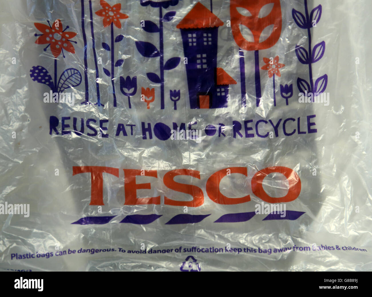 A Tesco supermarket plastic bag, as English shoppers face a 5p charge