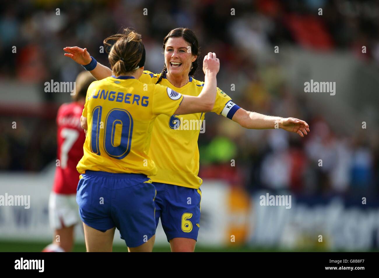 Sweden's Malin Mostrom congratulates Hanna Ljungberg after she scored the opening goal of the tournament Stock Photo