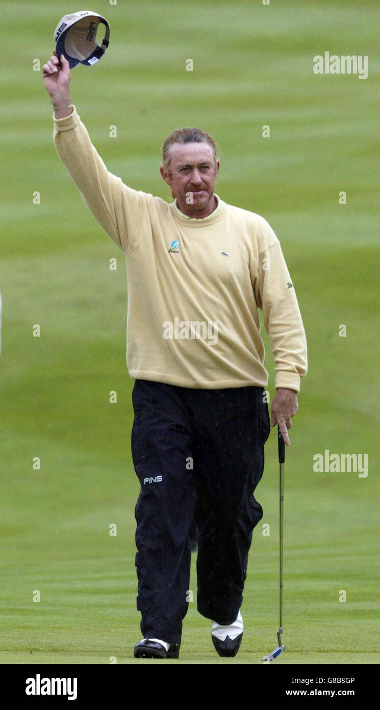 Spain's Miguel Angel Jimenez celebrates his victory in the Wales Open. Stock Photo