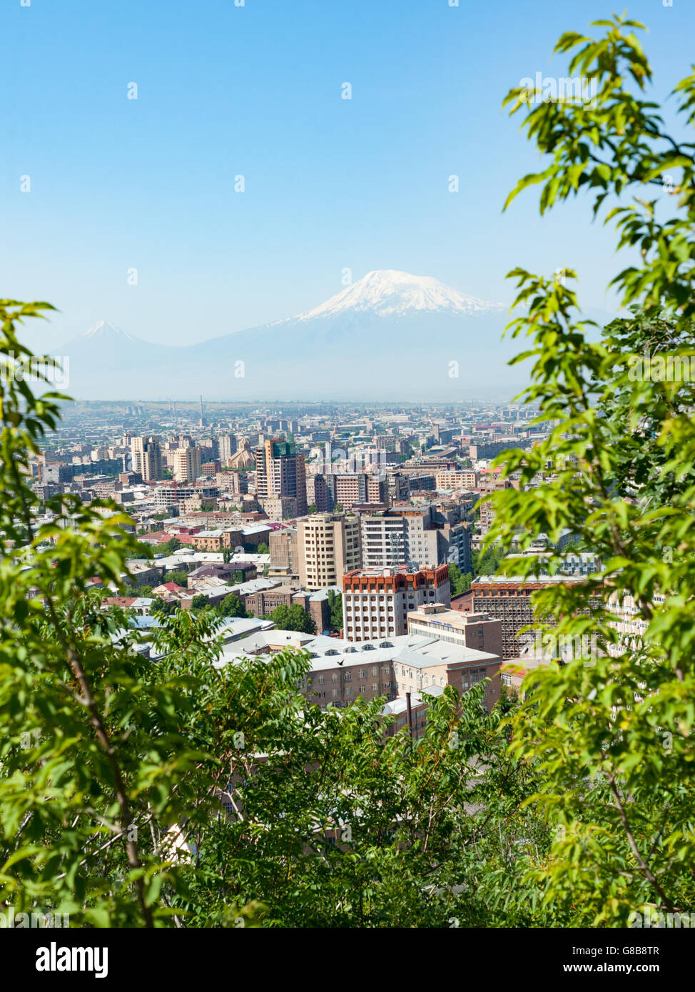 Yerevan, capital of Armenia and mount Ararat, symbol of Armenia; seen