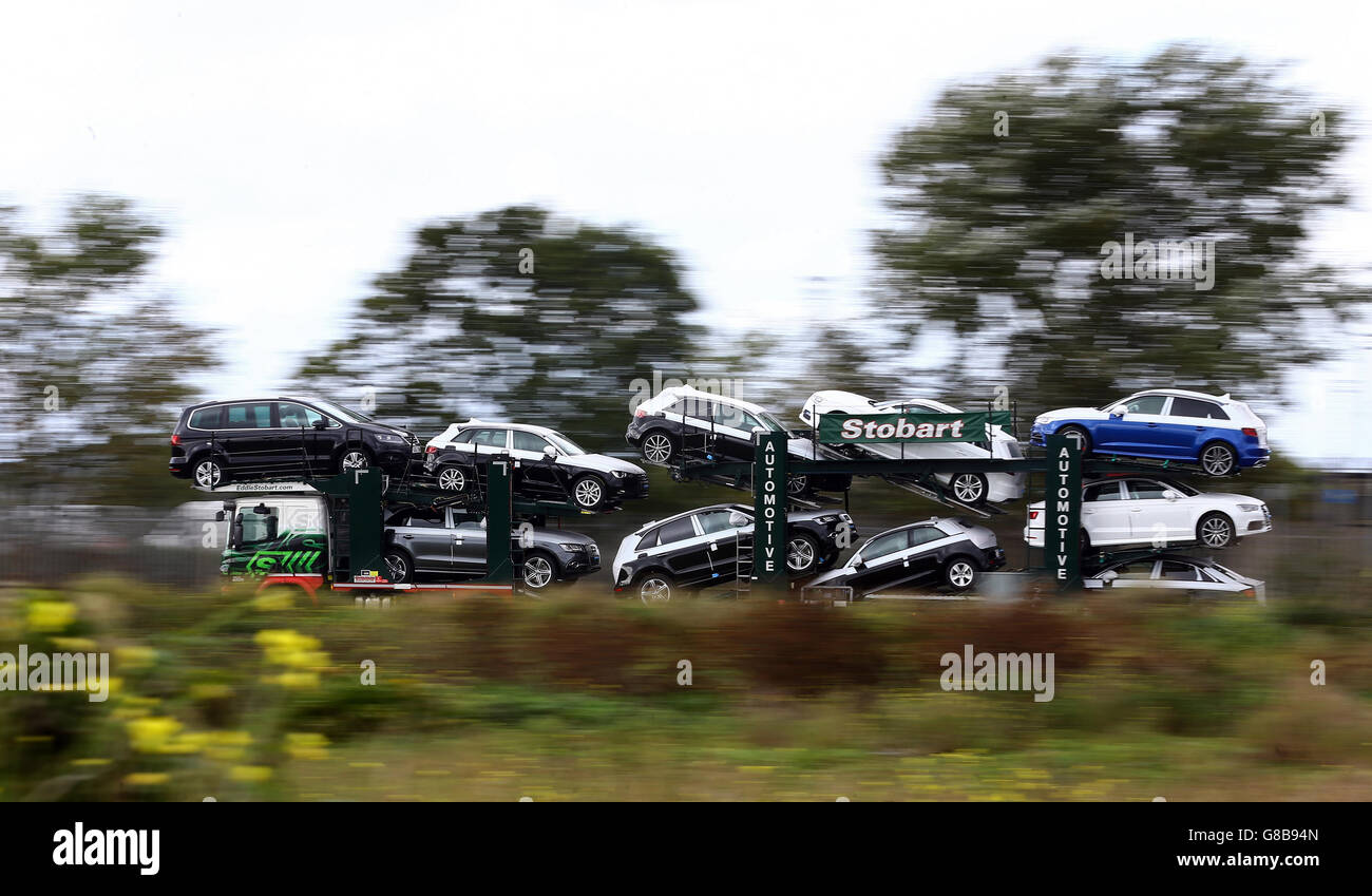 New Volkswagen cars and vans leave the docks in Sheerness, Kent, as more 460,000 new cars were