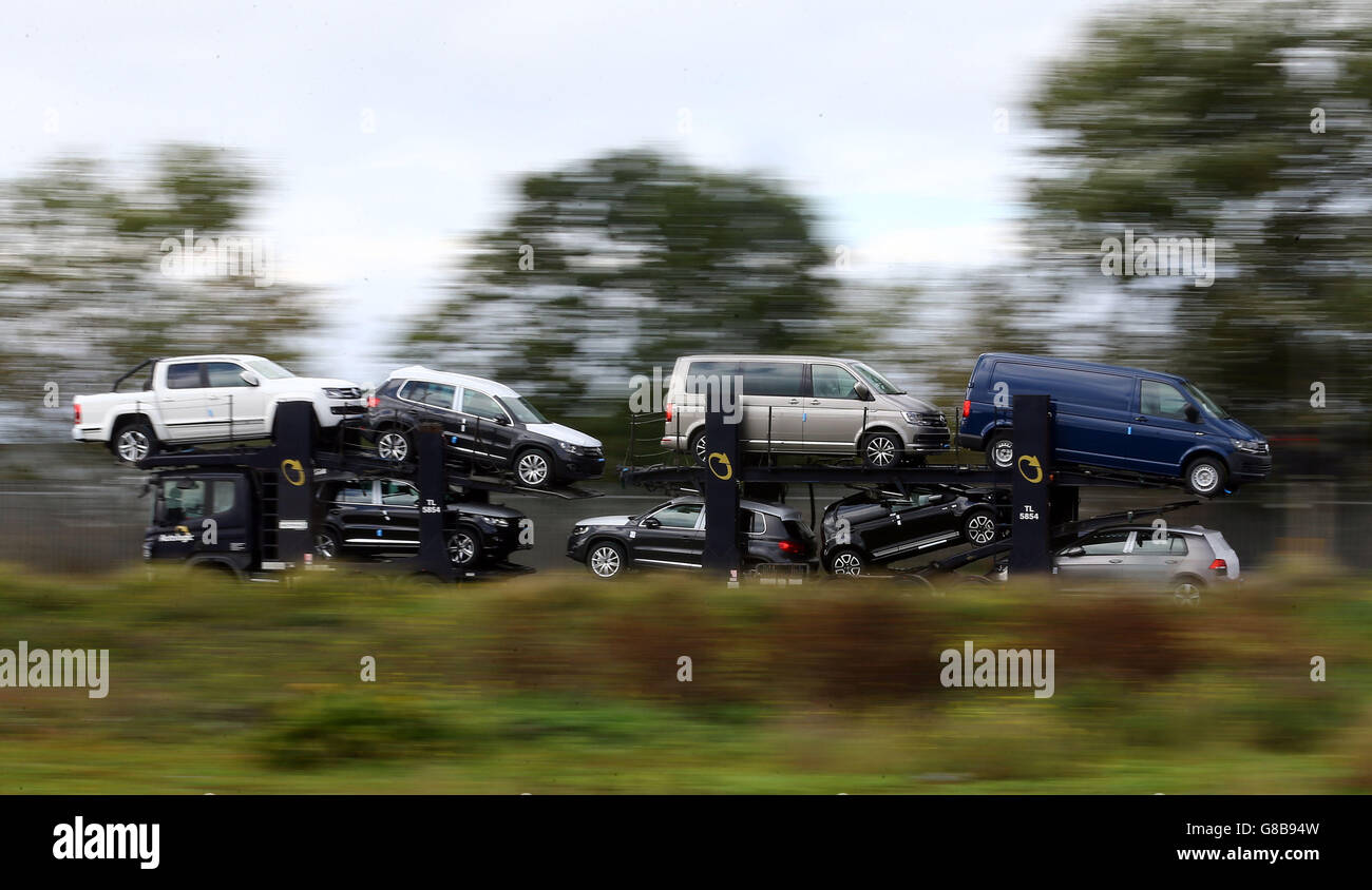 New Volkswagen cars and vans leave the docks in Sheerness, Kent, as more 460,000 new cars were