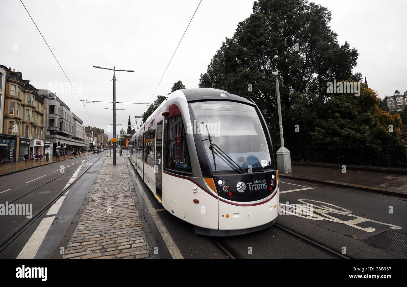 A tram on Princes Street in Edinburgh as the first preliminary hearing of the public inquiry into the Edinburgh Trams project begins. Stock Photo