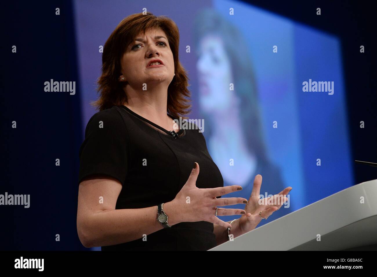Education Secretary Nicky Morgan addresses the Conservative Party conference at Manchester Central. Stock Photo