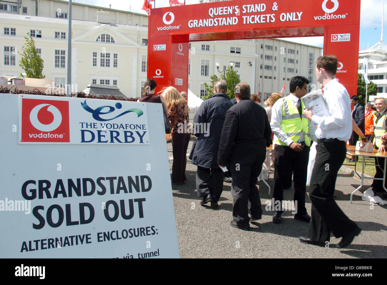 Horse Racing - Vodafone Derby Day - Epsom Downs Racecourse. Sold Out signs are placed outside the Grandstand Stock Photo
