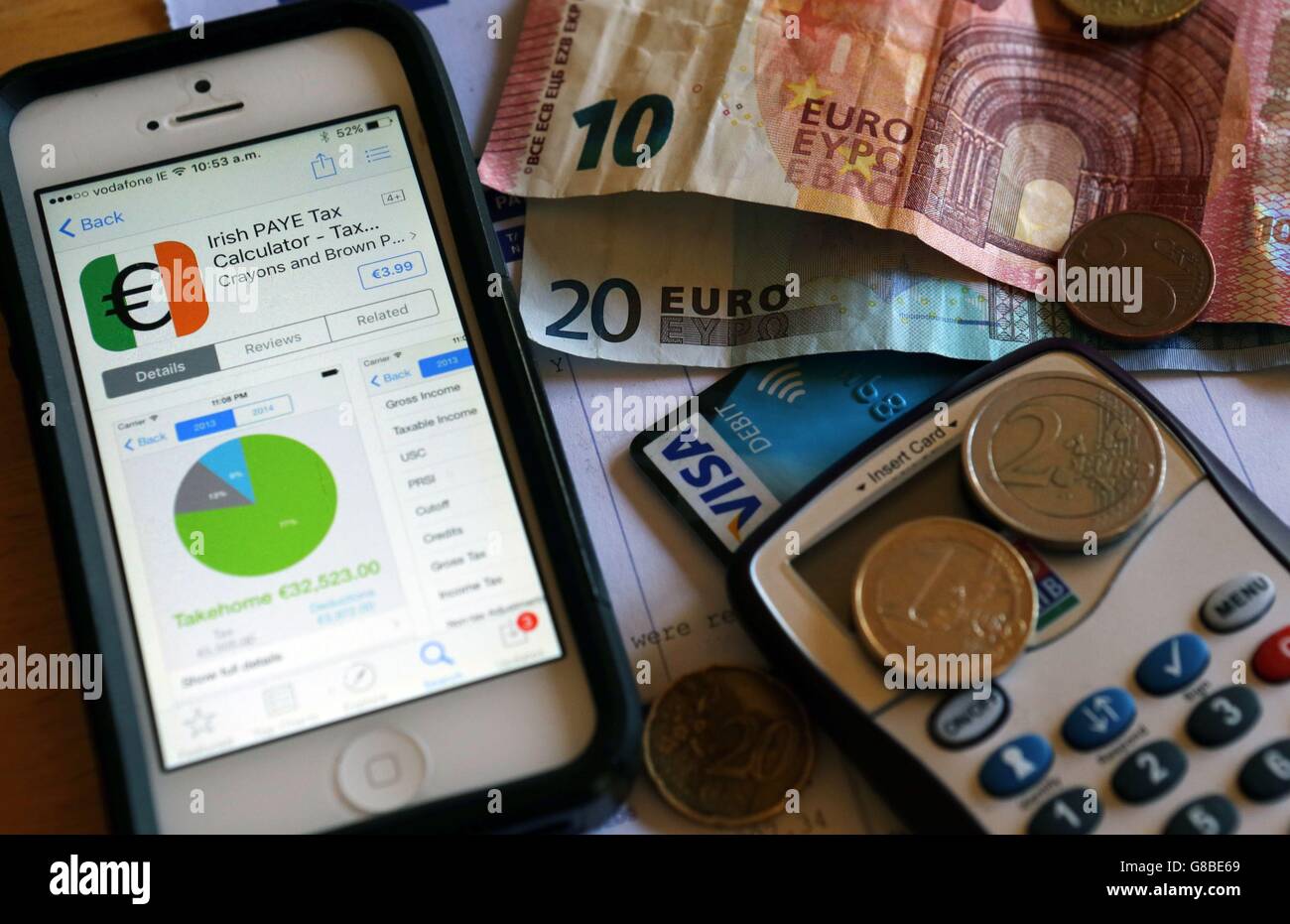 Euro notes, a play slip, a tax calculator and a bank card reader as  Ireland's Budget 2016 is to be announced today by Finance Minister Michael  Noonan and Minister for Public Expenditure
