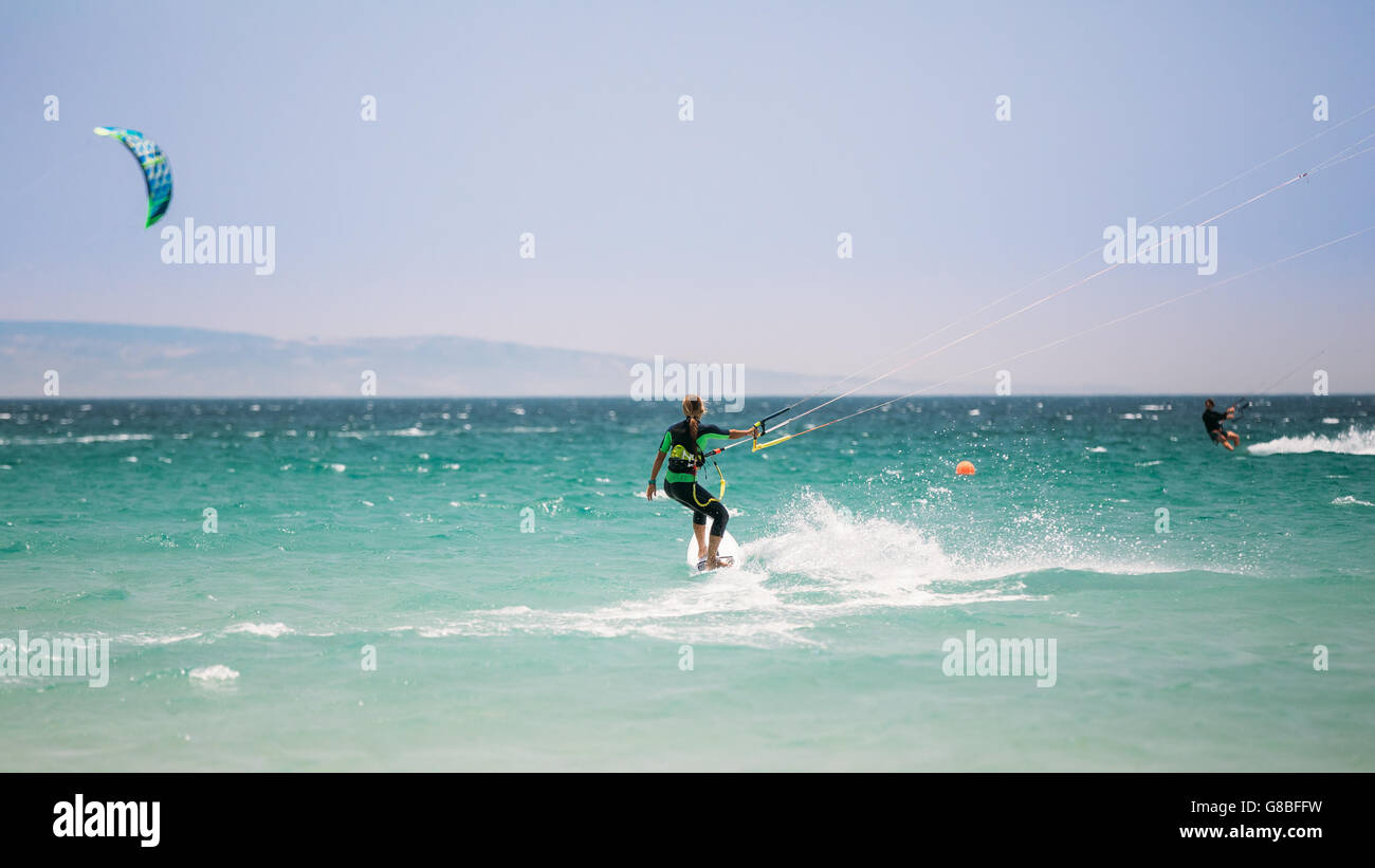 Tarifa, Spain June 21, 2015 Kite surfing in Tarifa, Spain. Tarifa is