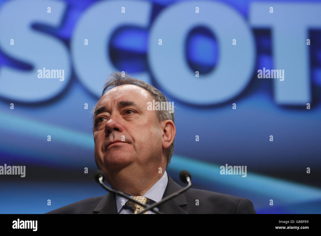 Former SNP leader Alex Salmond addresses the SNP National conference at Aberdeen Exhibition and Conference Centre in Scotland. Stock Photo