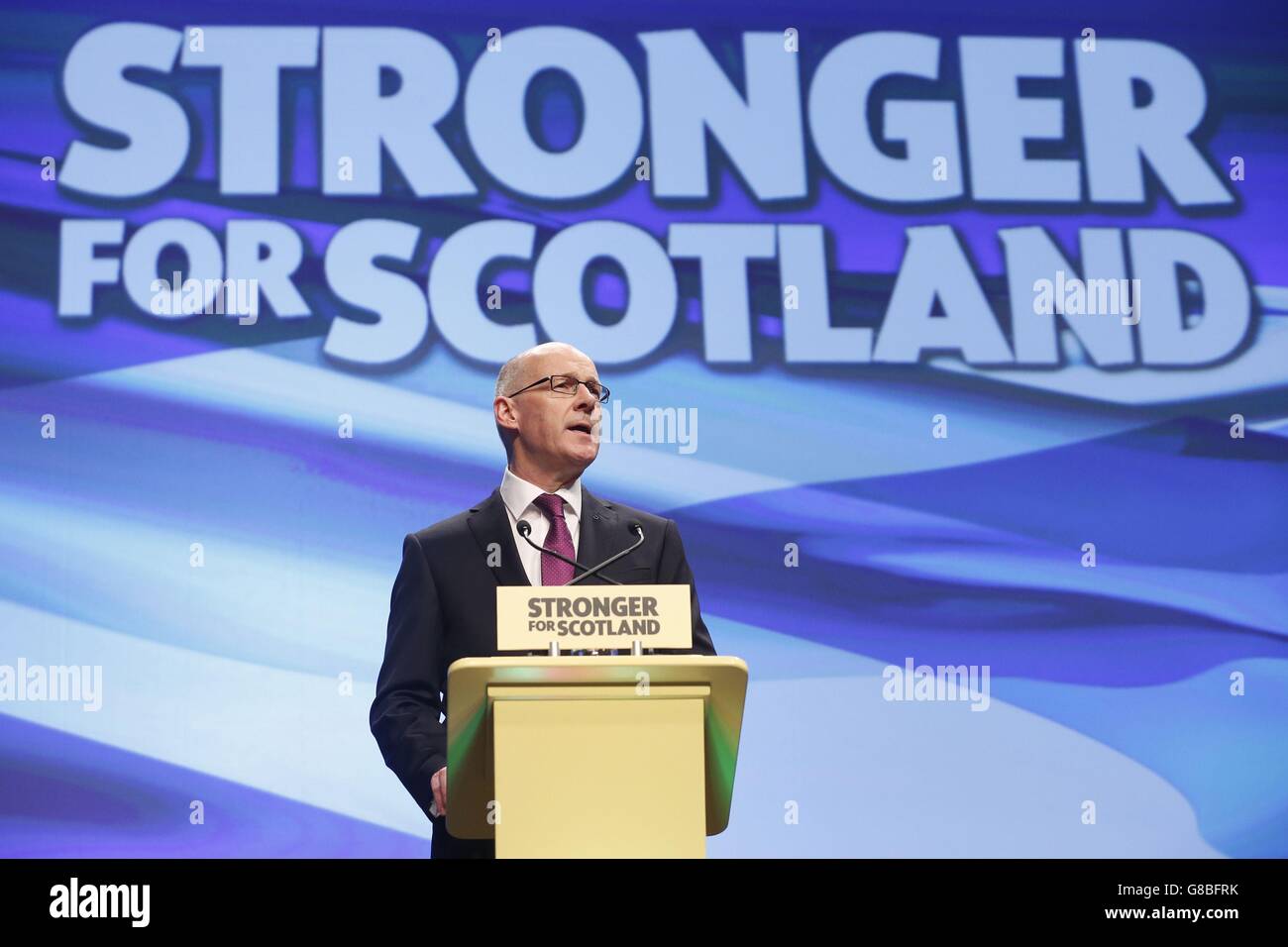 Deputy First Minister John Swinney addresses the SNP National conference at Aberdeen Exhibition and Conference Centre in Scotland. Stock Photo