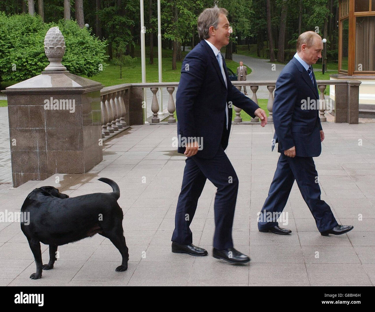 Britain's Prime Minister Tony Blair (left) walks with Russian President Vladimir Putin and his dog Koni at his private dacha outside Moscow. Stock Photo