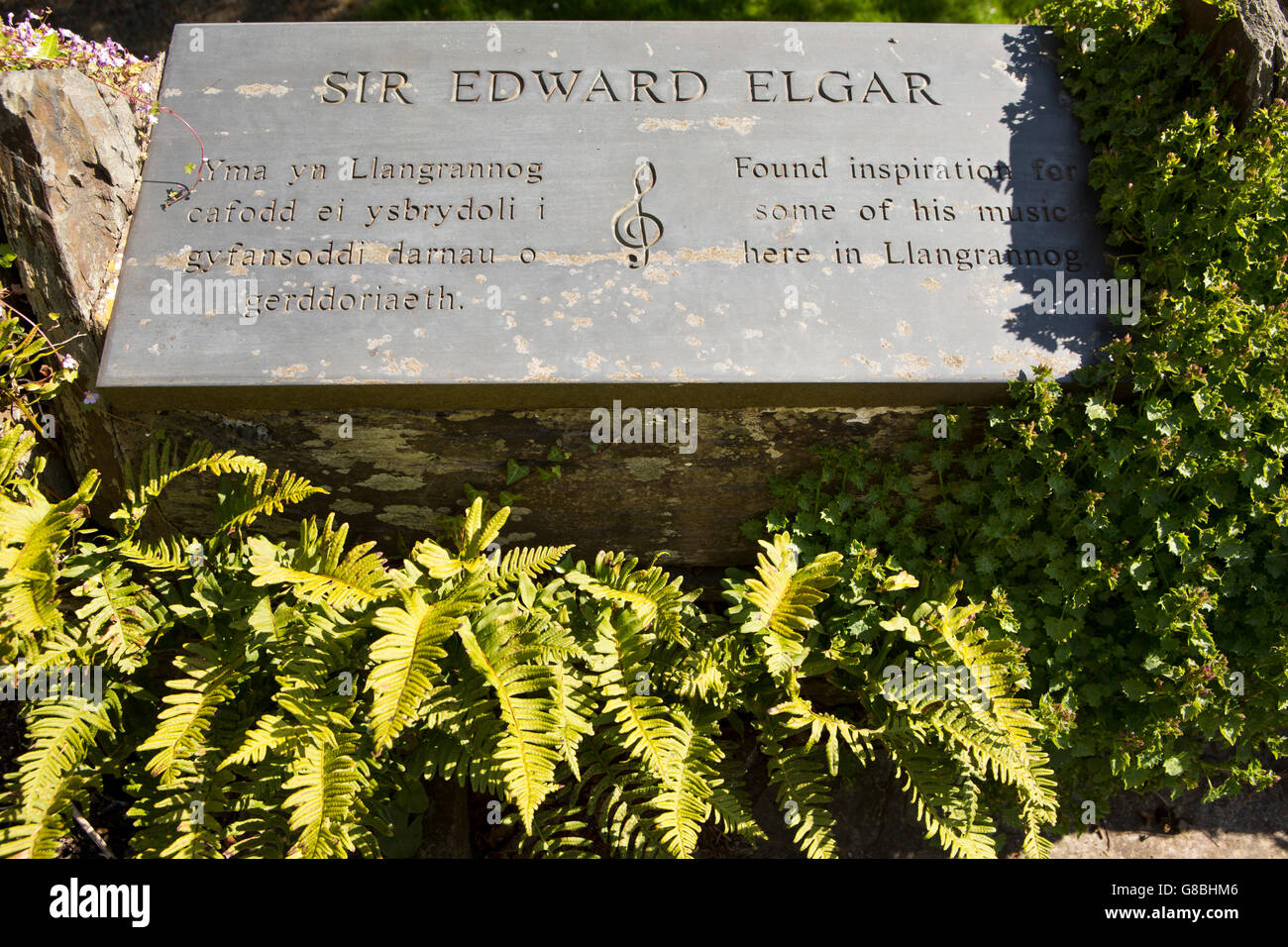 UK, Wales, Ceredigion, Llangrannog, village garden, Sir Edward Elgar memorial plaque Stock Photo