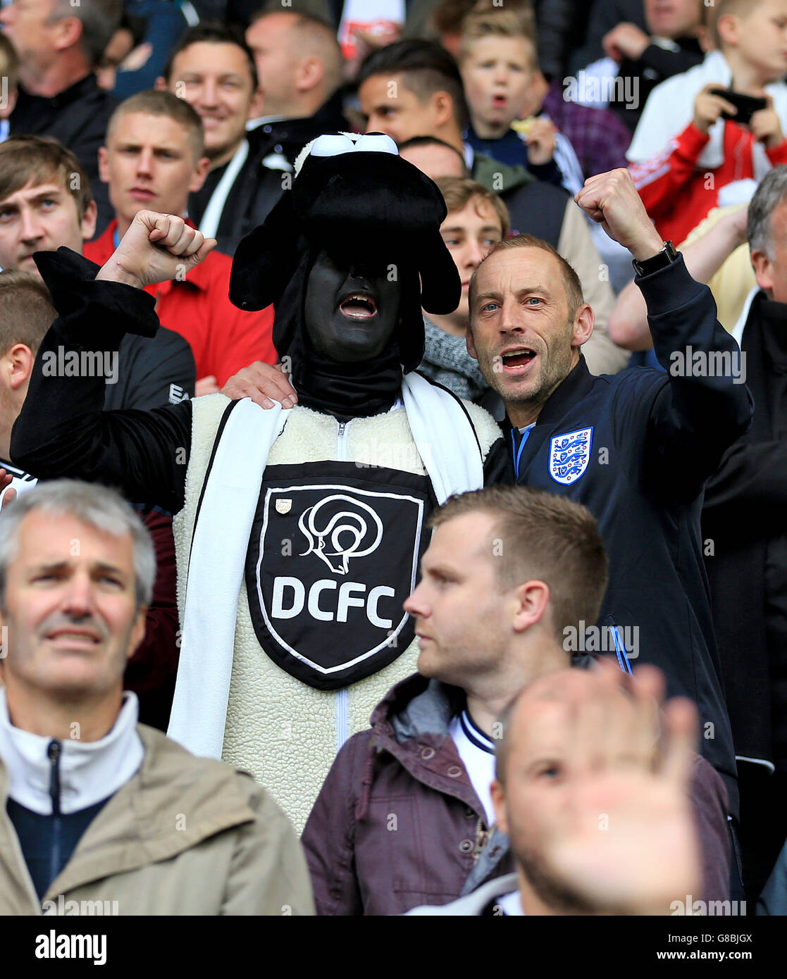 Soccer - Sky Bet Championship - Derby County v Wolverhampton Wanderers - iPro Stadium. Derby County fans, including a man dressed as a ram, show their support in the stands. Stock Photo