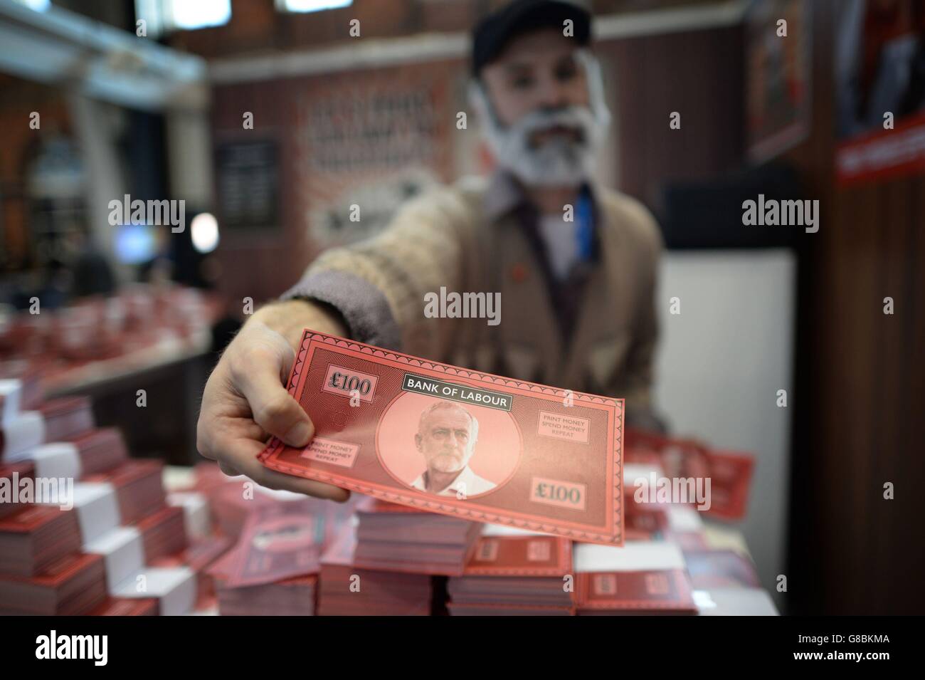 Fake money depicting Labour leader Jeremy Corbyn is given away at the Conservative Party's annual conference in Manchester, which begins today. Stock Photo