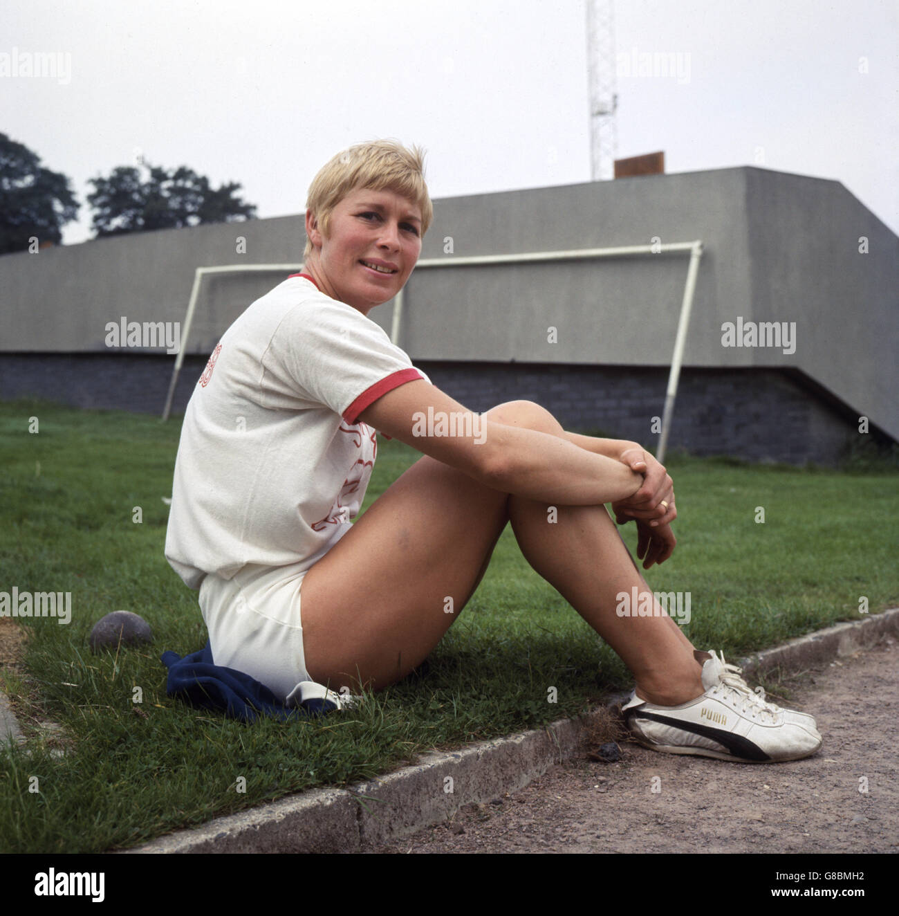 Mary Rand, who has been selected to run the women's 80 metres hurdles at the Mexico Olympic Games and is also trying to qualify for the Pentathlon, pictured at a training session in London. Stock Photo