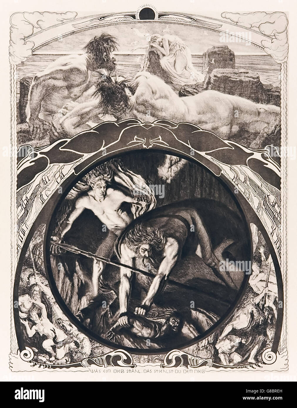 Franz Stassen (1869-1949) illustration for “Der Ring des Nibelungen (Das Rheingold)” (The Ring of the Nibelung: Part 1: The Rhinegold) by Richard Wagner (1813-1883). Top: Rhinemaiden weeps as Fasolt and Fafner look on; Below: Wotan and Loge go down below the earth to the Nibelungs and seize Alberich. Stock Photo