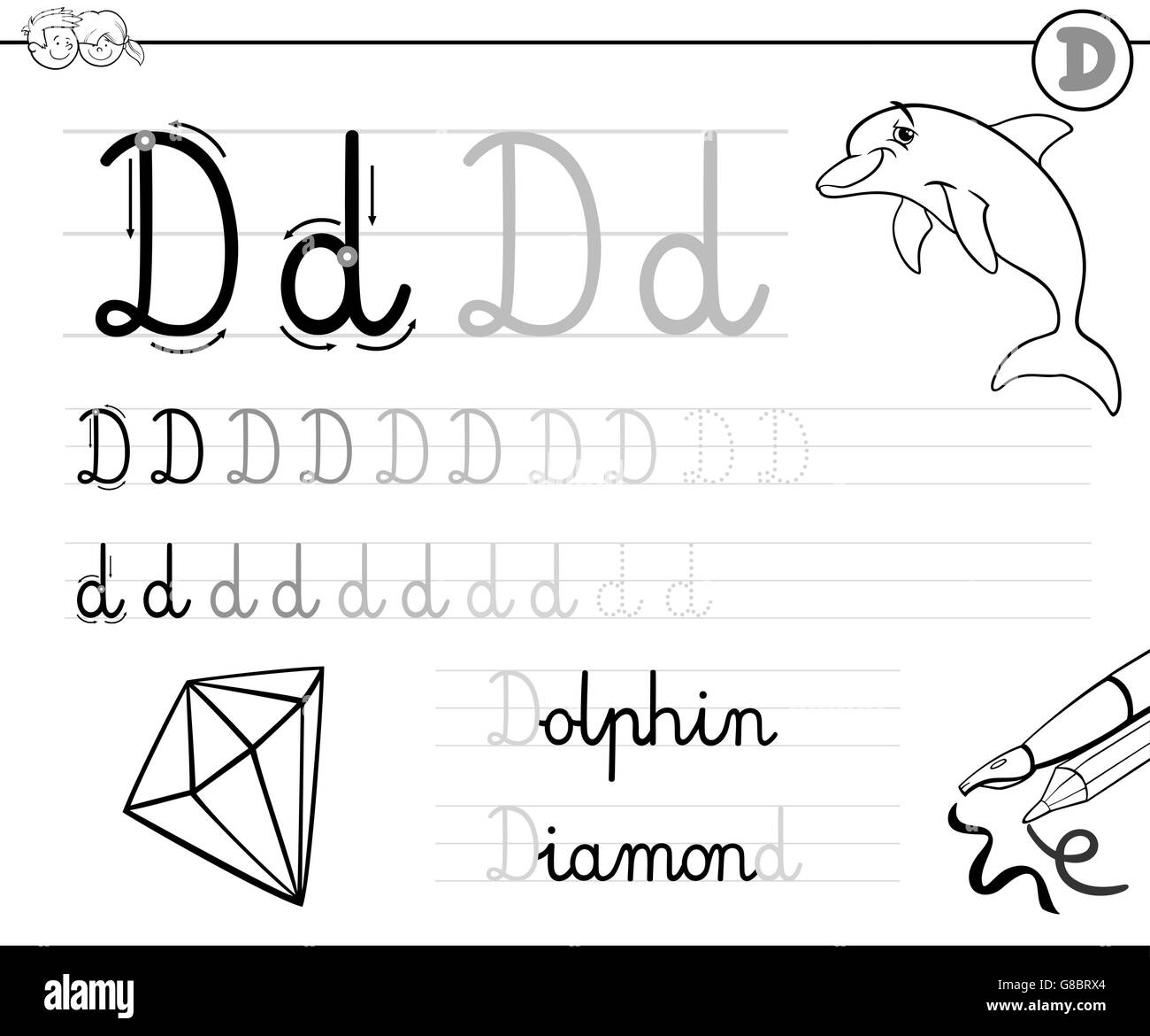 Black and White Cartoon Illustration of Writing Skills Practise with