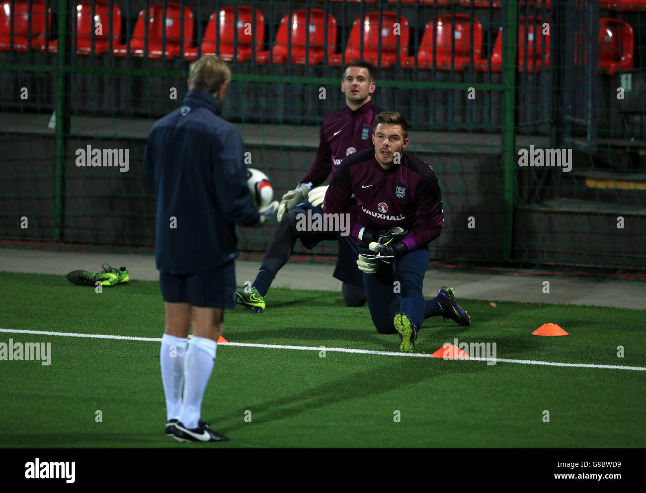 England goalkeeper Jack Butland and Tom Heaton during the training session at the LFF Stadium, Vilnius, Lithuania. Stock Photo