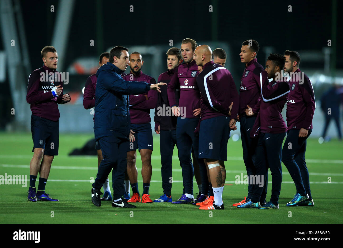 England coach Gary Neville talks to the players during the training session at the LFF Stadium, Vilnius, Lithuania. Stock Photo