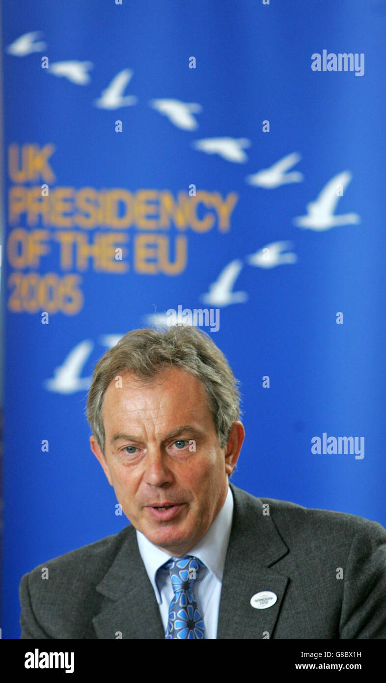 Britain's Prime Minister Tony Blair addresses delegates at a European Parliament visit to London. Stock Photo