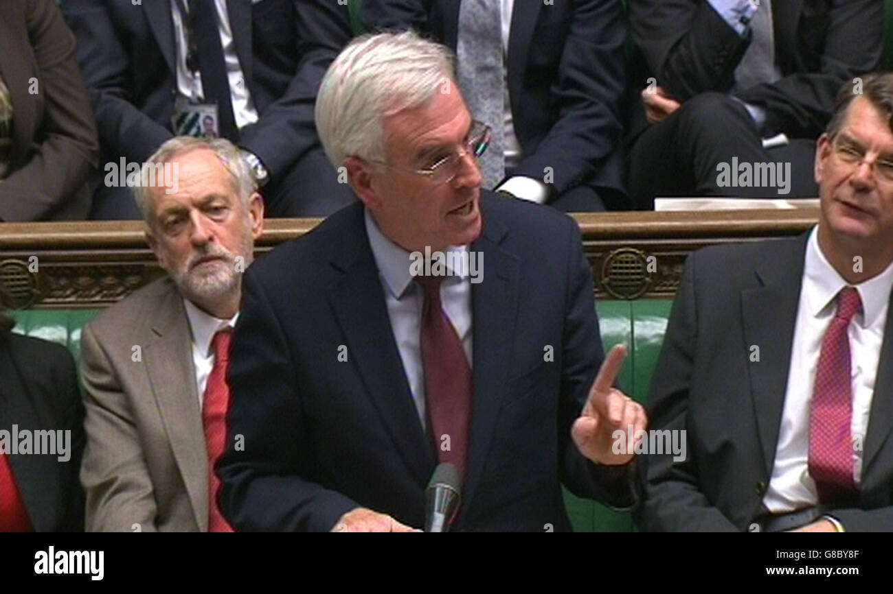 Shadow chancellor John McDonnell speaks during the debate in the House of Commons, London on the Government's updated Charter of Budget Responsibility. Stock Photo