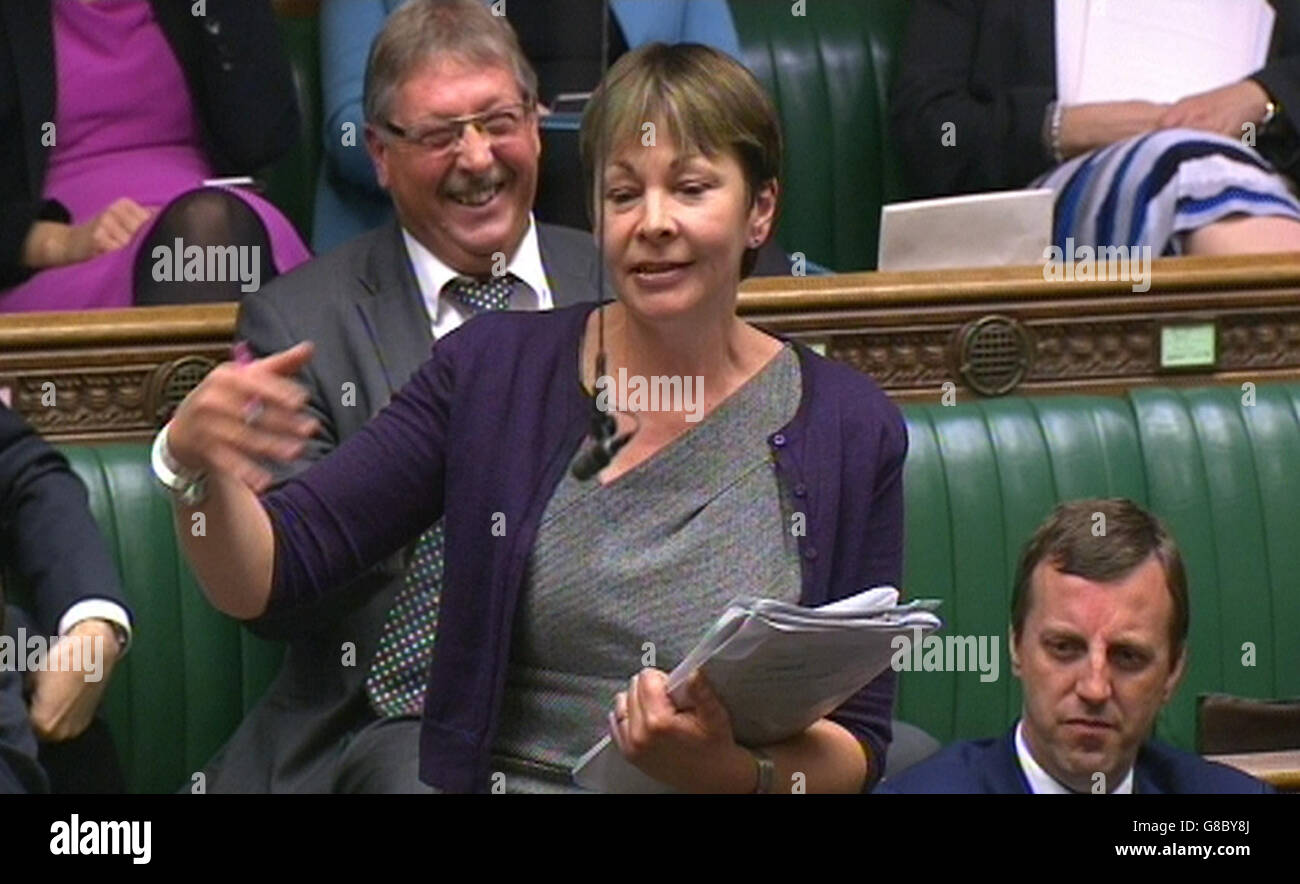 Green Party's Caroline Lucas speaks during the debate in the House of Commons, London on the Government's updated Charter of Budget Responsibility. Stock Photo
