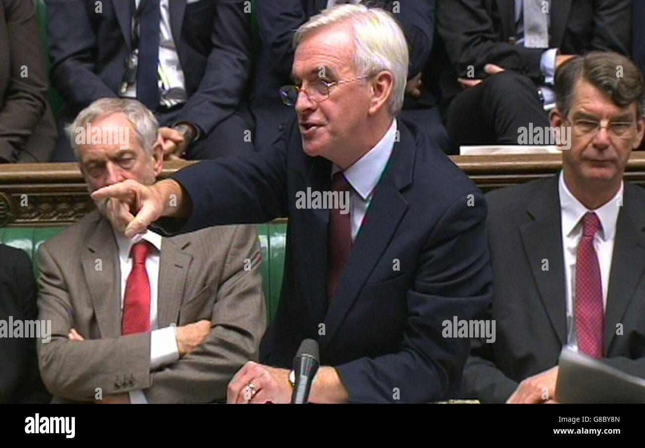 Shadow chancellor John McDonnell speaks during the debate in the House of Commons, London on the Government's updated Charter of Budget Responsibility. Stock Photo