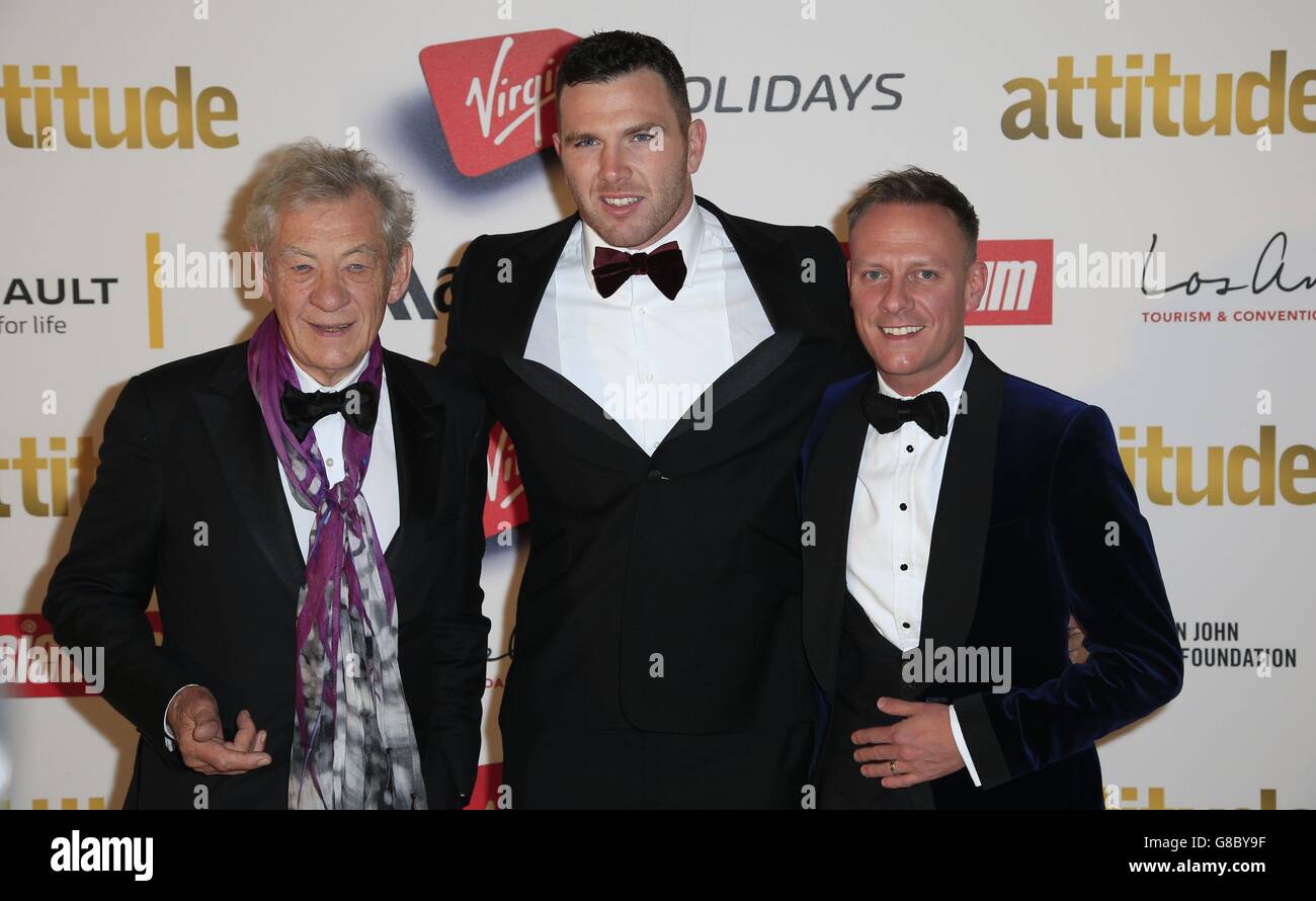 Sir Ian McKellen (left), Kiegan Hirst (centre), and Anthony Cotton (right) attend the Attitude Pride Awards at the Banqueting House, Whitehall, London. Stock Photo