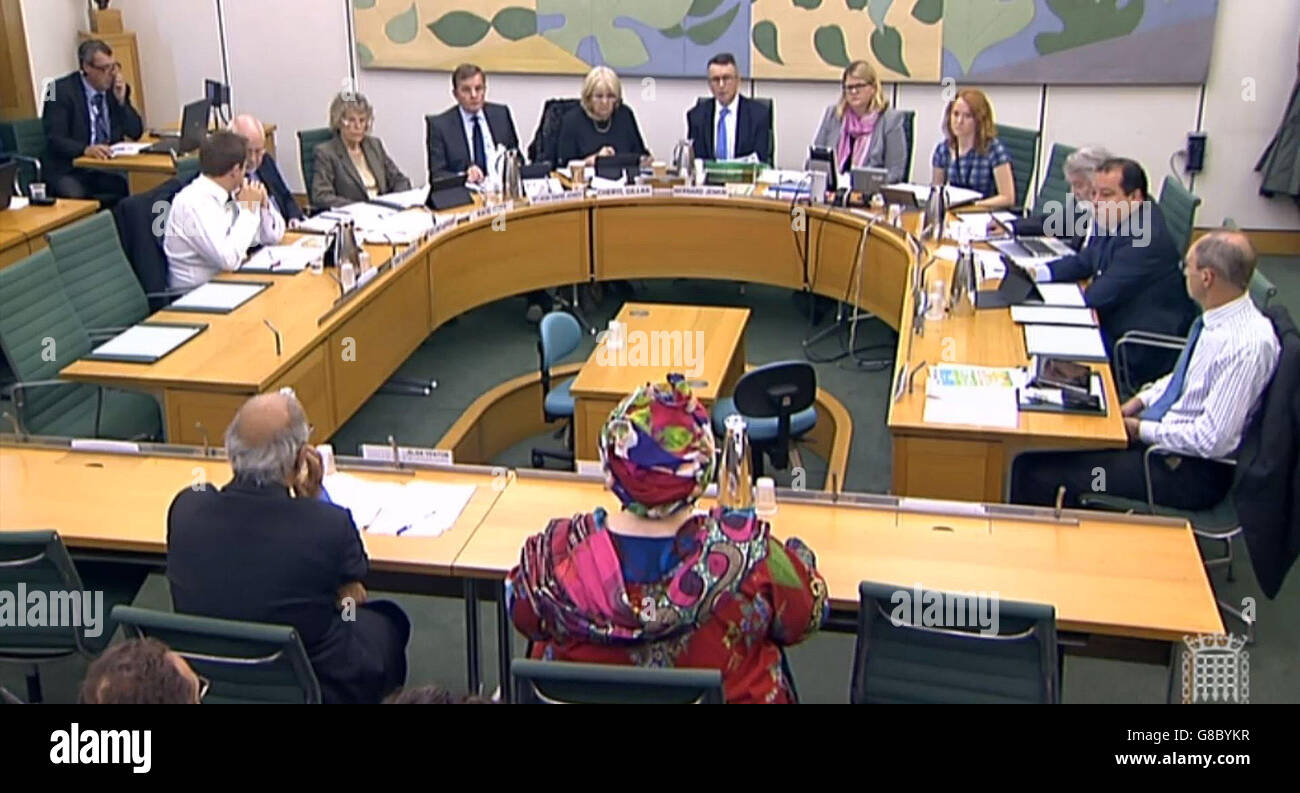 The founder of collapsed charity Kids Company Camila Batmanghelidjh and the charity's chairman of trustees, Alan Yentob, give evidence to the House Commons Public Administration Committee at Portcullis House, London. Stock Photo