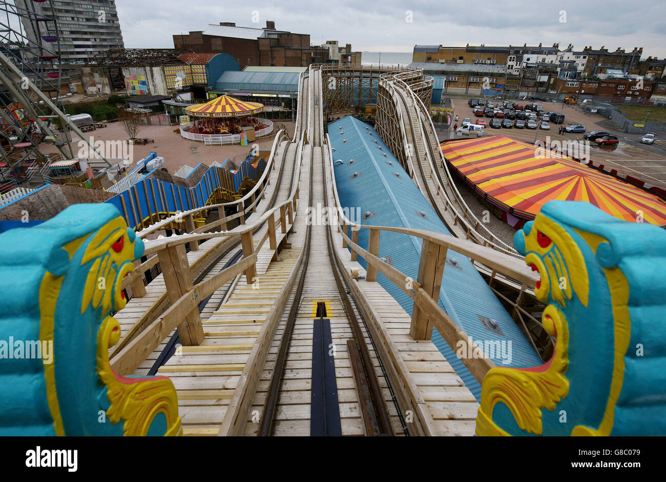 A view onboard the Scenic Railway, the oldest roller coaster in the UK, at  Dreamland Margate amusement park, in Kent, as it is officially reopened  following it's restoration after the train was