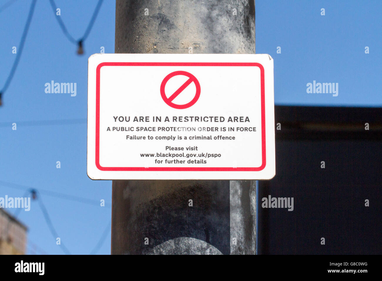 You are in a  restricted area, Public space protection area, Blackpool, Lancashire, UK Stock Photo
