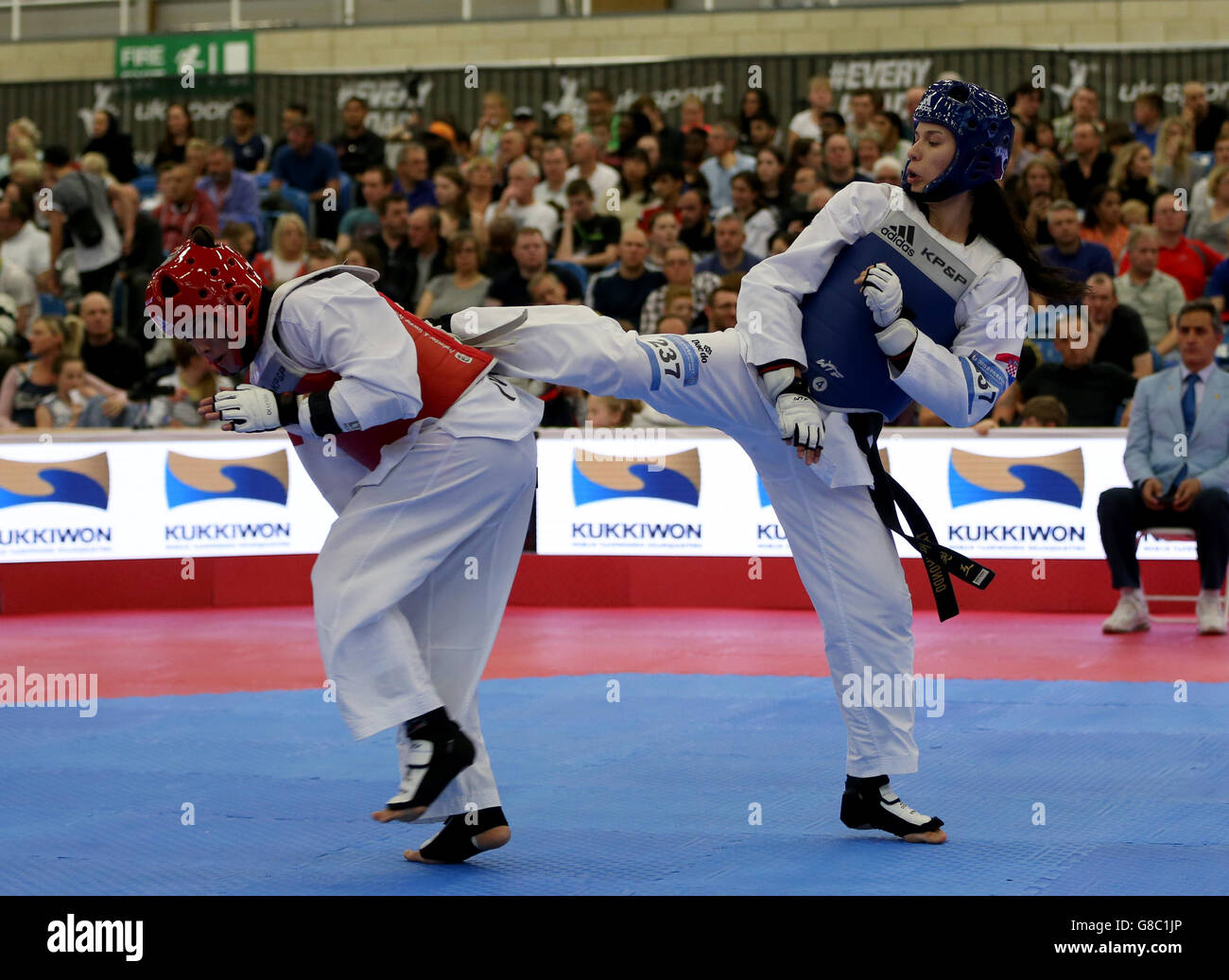 Croatia's Iva Rados (right) in action against Mexico's Maria Espinoza during their Women's +67 round of 16 match during day two of the WTF World Taekwondo Championships at Manchester Regional Arena. Stock Photo