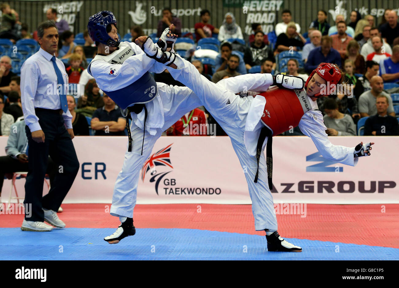 Sweden's Nikita Glasnovic (right) in action against South Korea's Geum-Byeol Lim during their Women's -57 Quarter final match during day two of the WTF World Taekwondo Championships at Manchester Regional Arena. Stock Photo