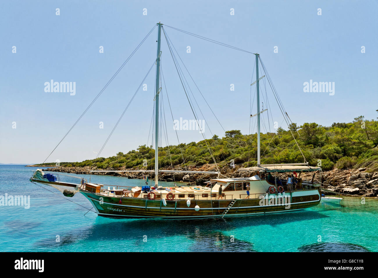 Gulet cruise or day trip excursion boat at anchor in Turkey Stock Photo