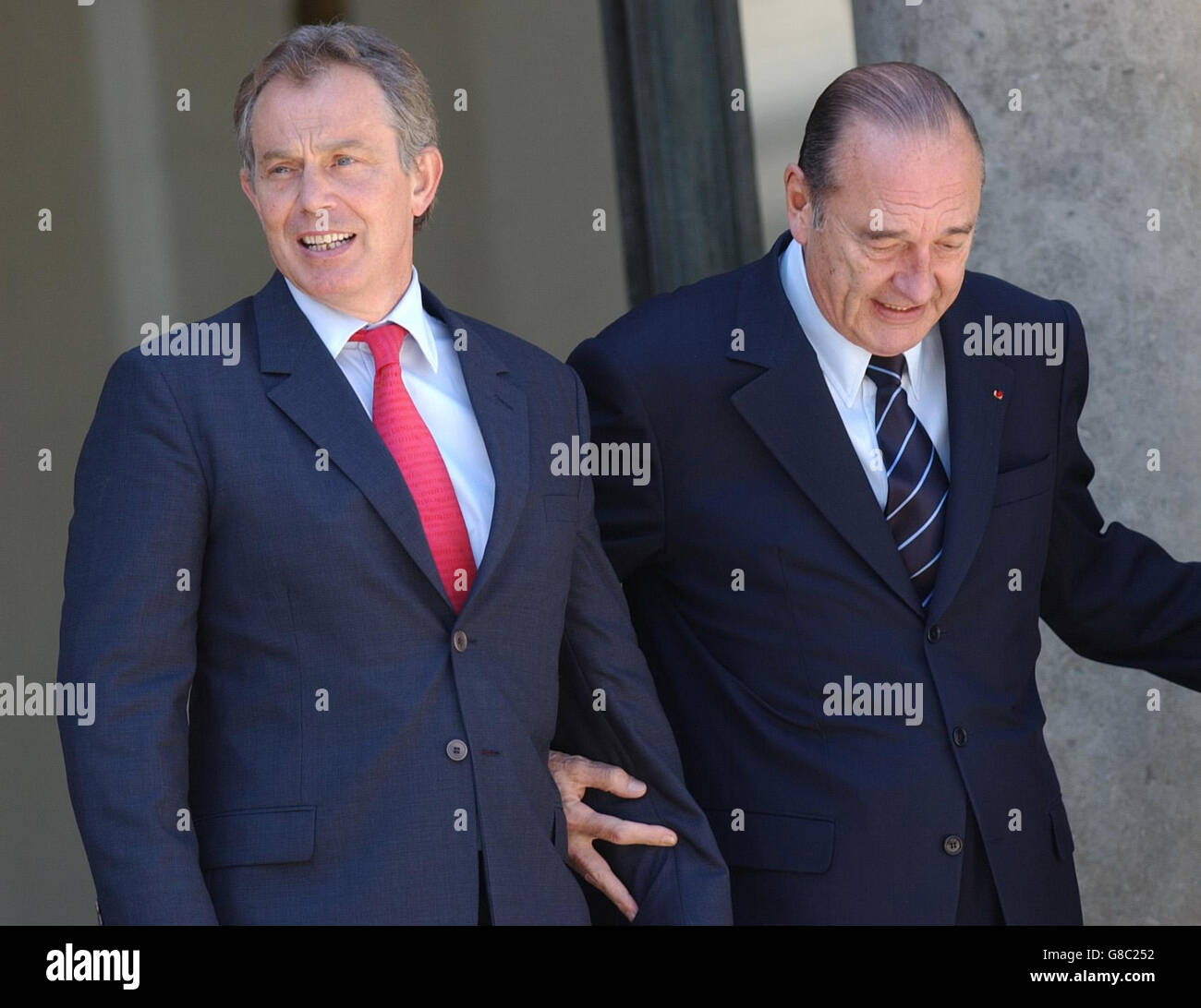 Britain's Prime Minister Tony Blair with French president Jacques Chirac after they attended a United Nations seminar to highlight the so-called 'global compact' between the worlds of business and politics. Stock Photo