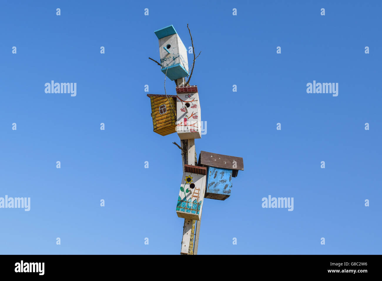 Birdhouses, the houses for birds. Decorated birdhouses and ornamented