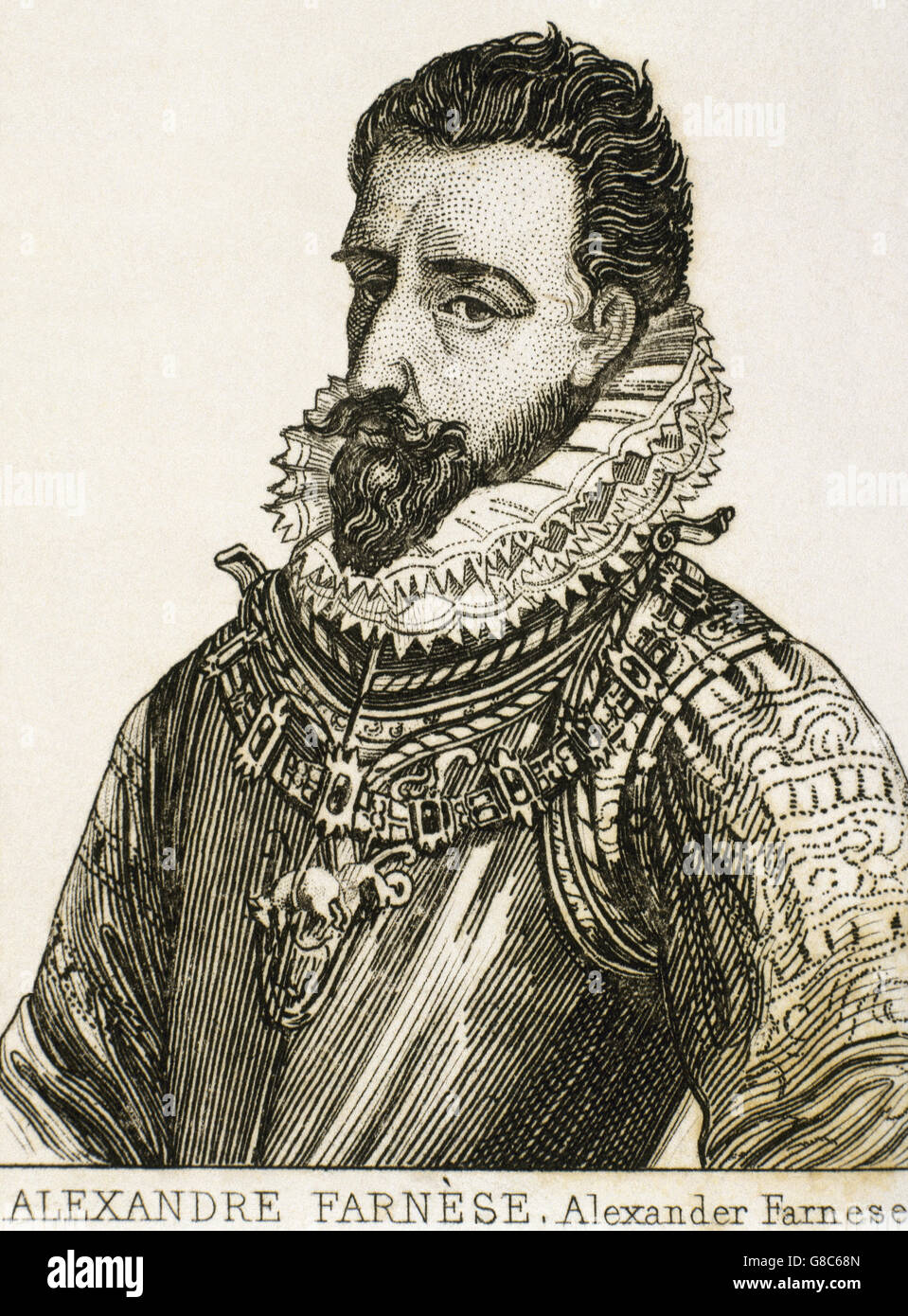 Alexander Farnese (1545-1592). Duke of Parma, Piacenza and Castro and Governor of the Spanish Nedtherlands (1578-1592). Portrait. Engraving. Stock Photo