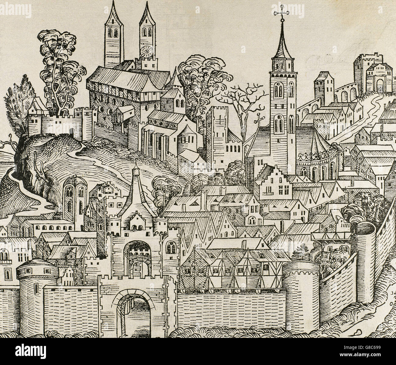 Italy city medieval engraving hi-res stock photography and images - Alamy, image size:1300x1199