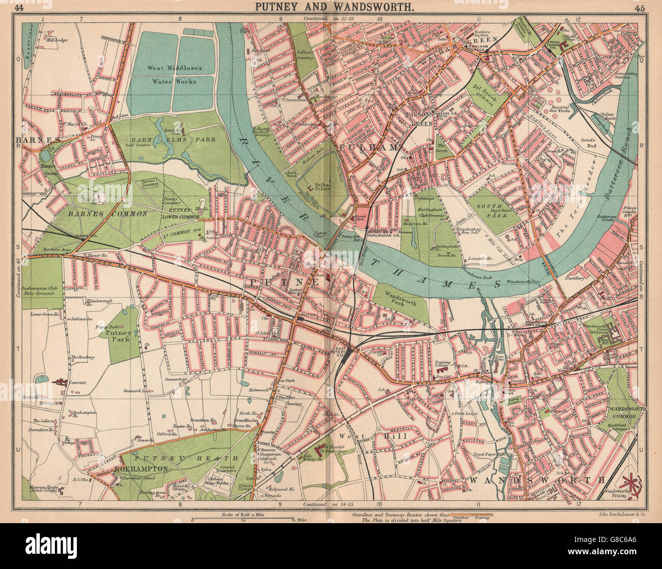 LONDON SW: Putney Wandsworth Fulham Barnes Parson's Green. Tram routes, 1913 map Stock Photo