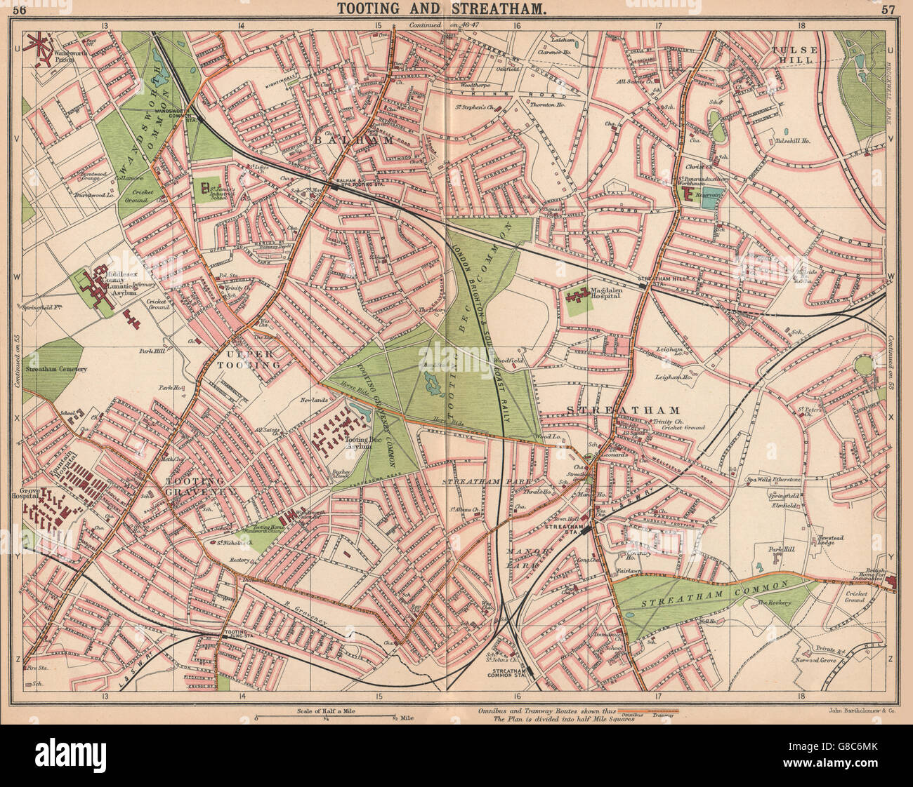 LONDON S: Tooting Streatham Balham Tulse Hill. Bus & tram routes, 1913 old map Stock Photo