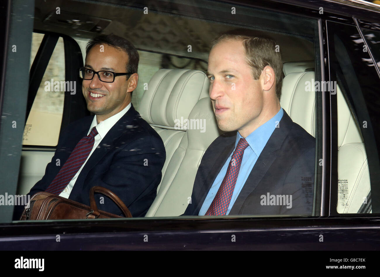 The Duke of Cambridge alongside his Private Secretary Miguel Head as they leave St John's college at the University of Cambridge where he officially opened the School of Pythagoras Archive Centre. Stock Photo