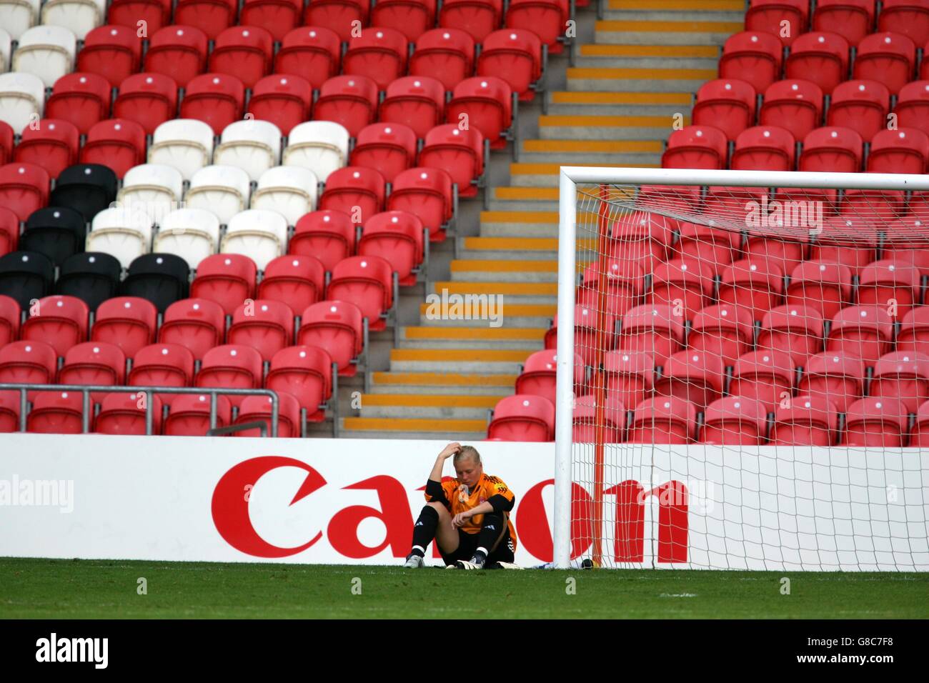 A dejected Tine Cederkvist the Denmark goalkeeper after getting knocked out of Euro 2005 Stock Photo