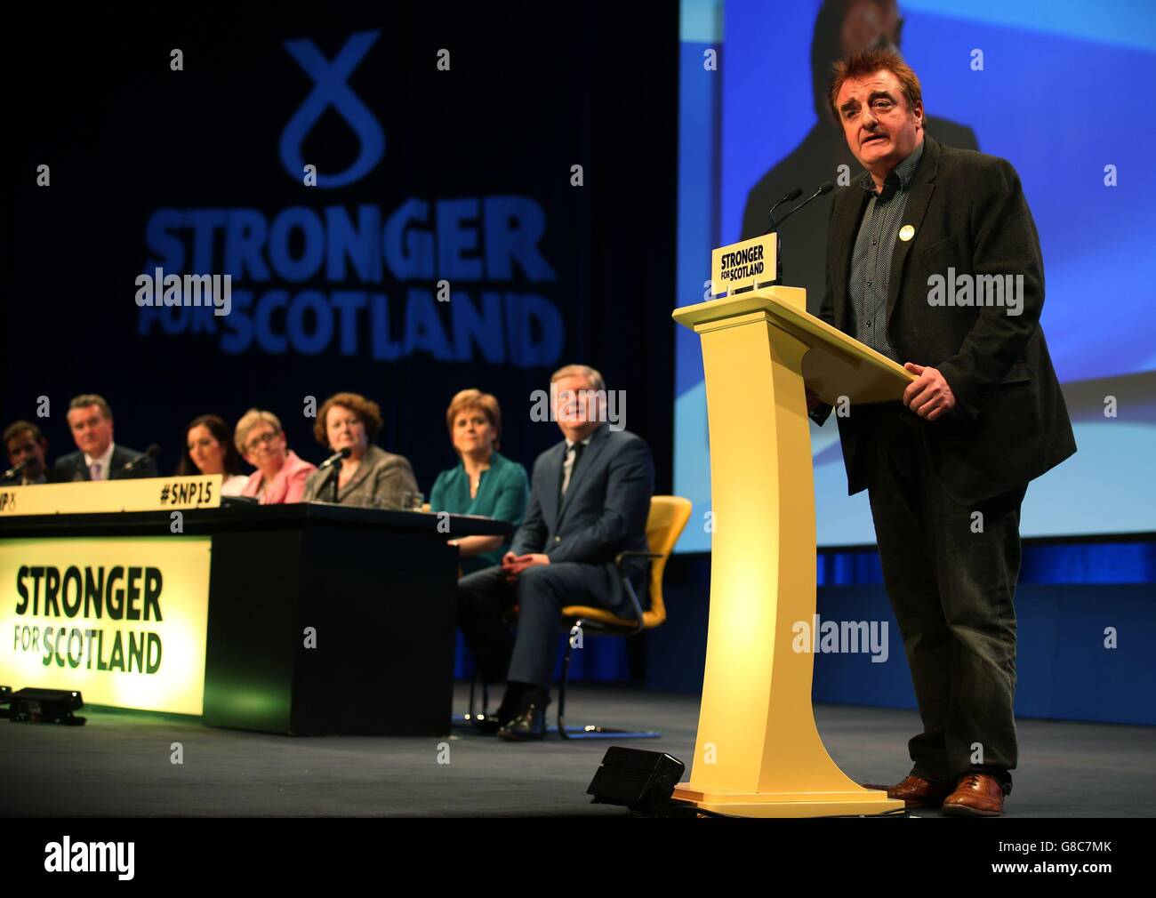 Wesminster SNP MP Tommy Sheppard speaks during the SNP National Conference at the Aberdeen Exhibition and Conference Centre. Stock Photo