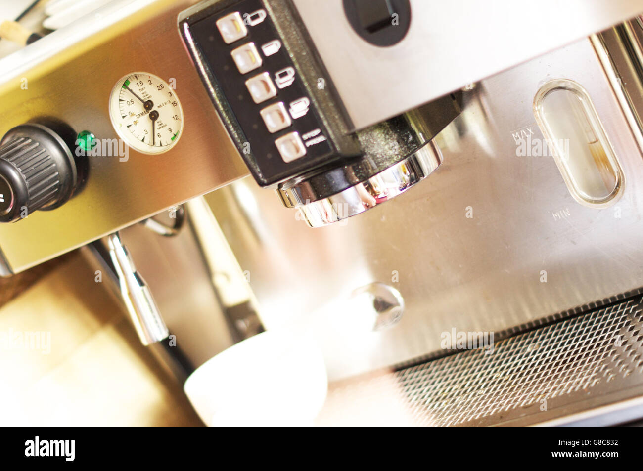Closeup of coffee machine. Professional coffee brewing. Barista Stock