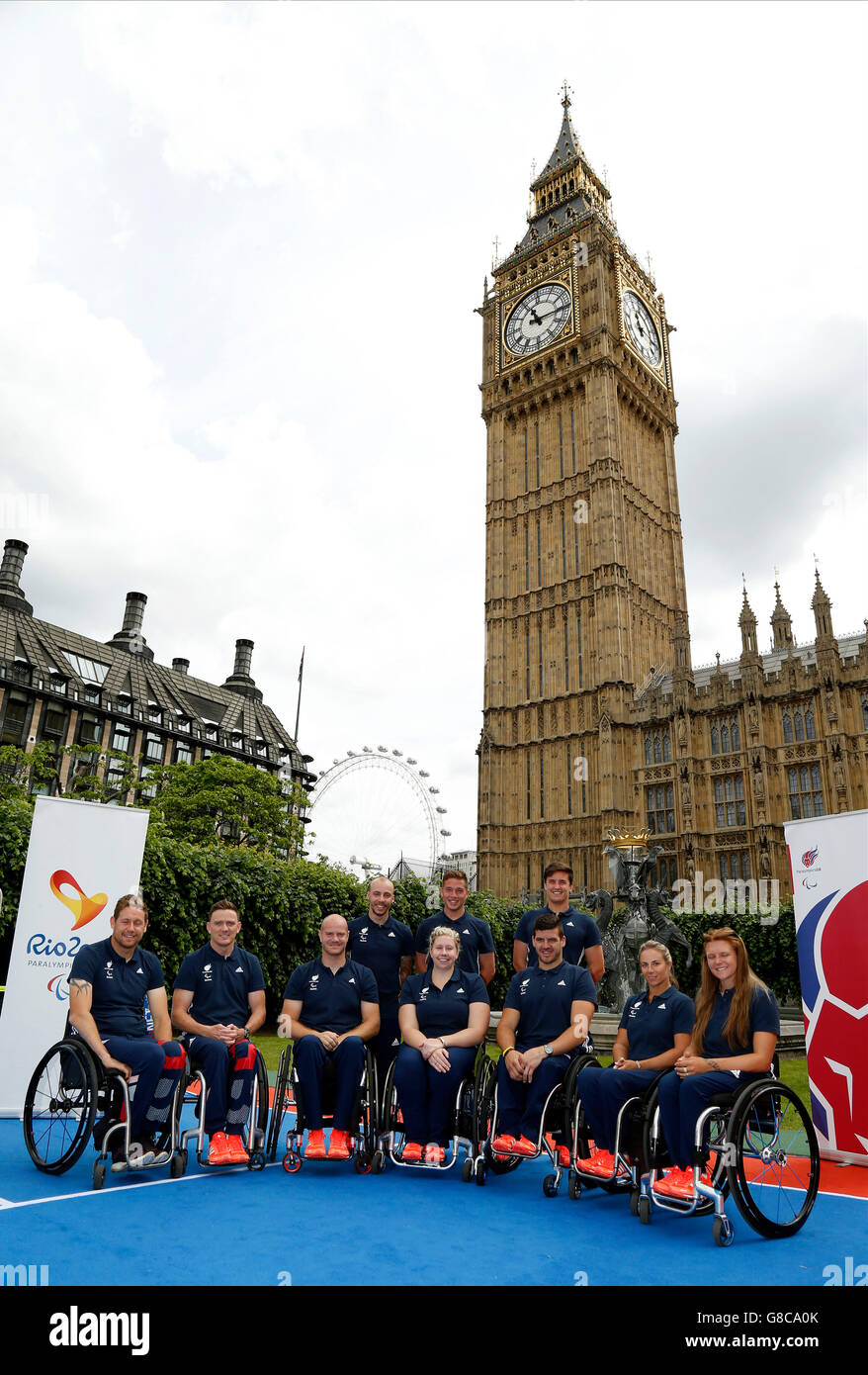 (From left to right) Anthony Cotterill, Jamie Burdekin, Marc McCarroll, Andy Lapthorne, Alfie Hewett, Gordon Reid, David Phillipson, Lucy Shuker and Jordanne Whiley during the team announcement at New Palace Yard, London. Stock Photo