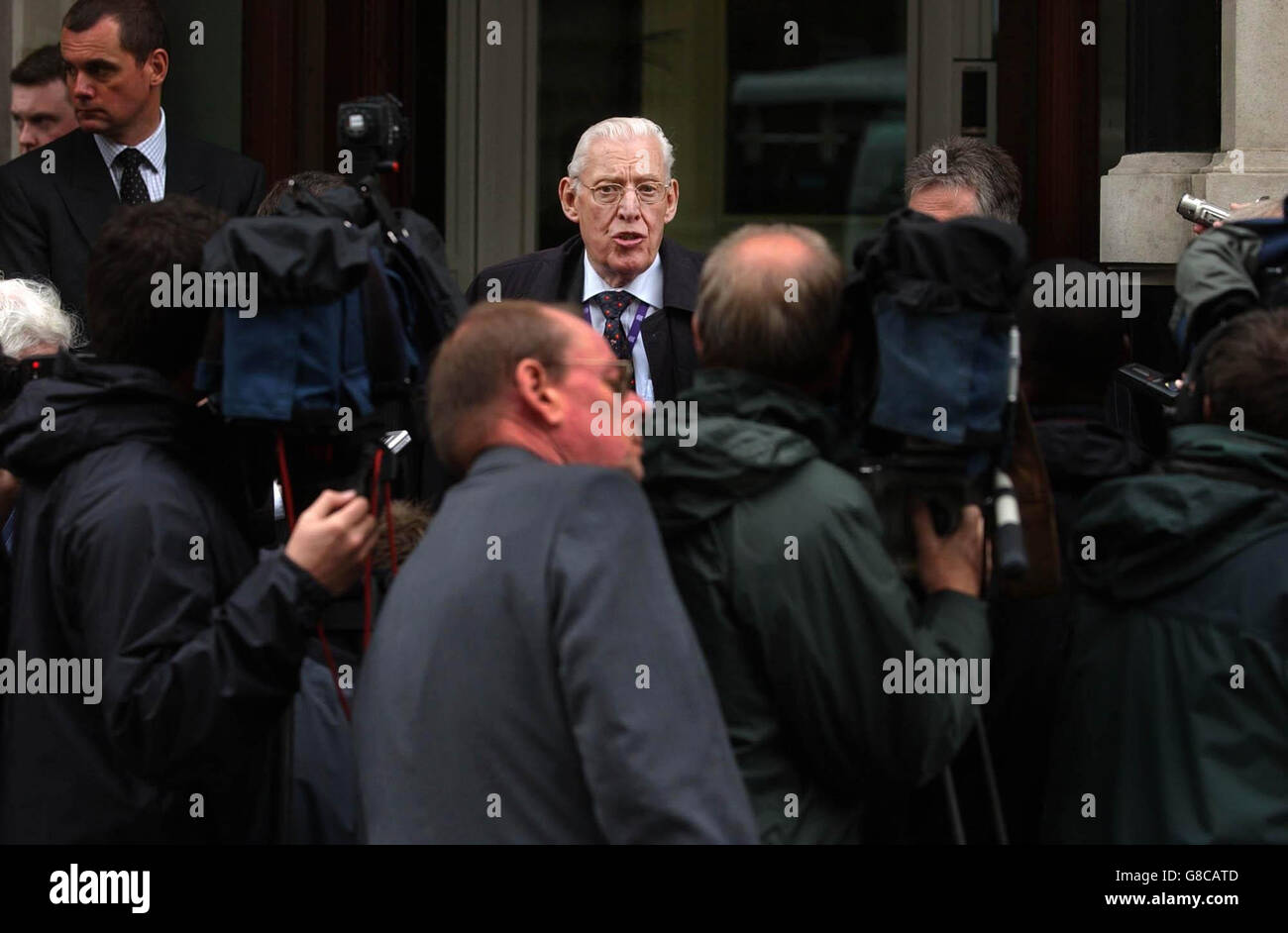 The leader of the D.U.P, Rev Ian Paisley faces the press. Rev Paisley earlier met Irish Taioseach Bertie Ahern for talks to discuss the Sinn Fein leader Gerry Adam's comments regarding the IRA's future. Stock Photo