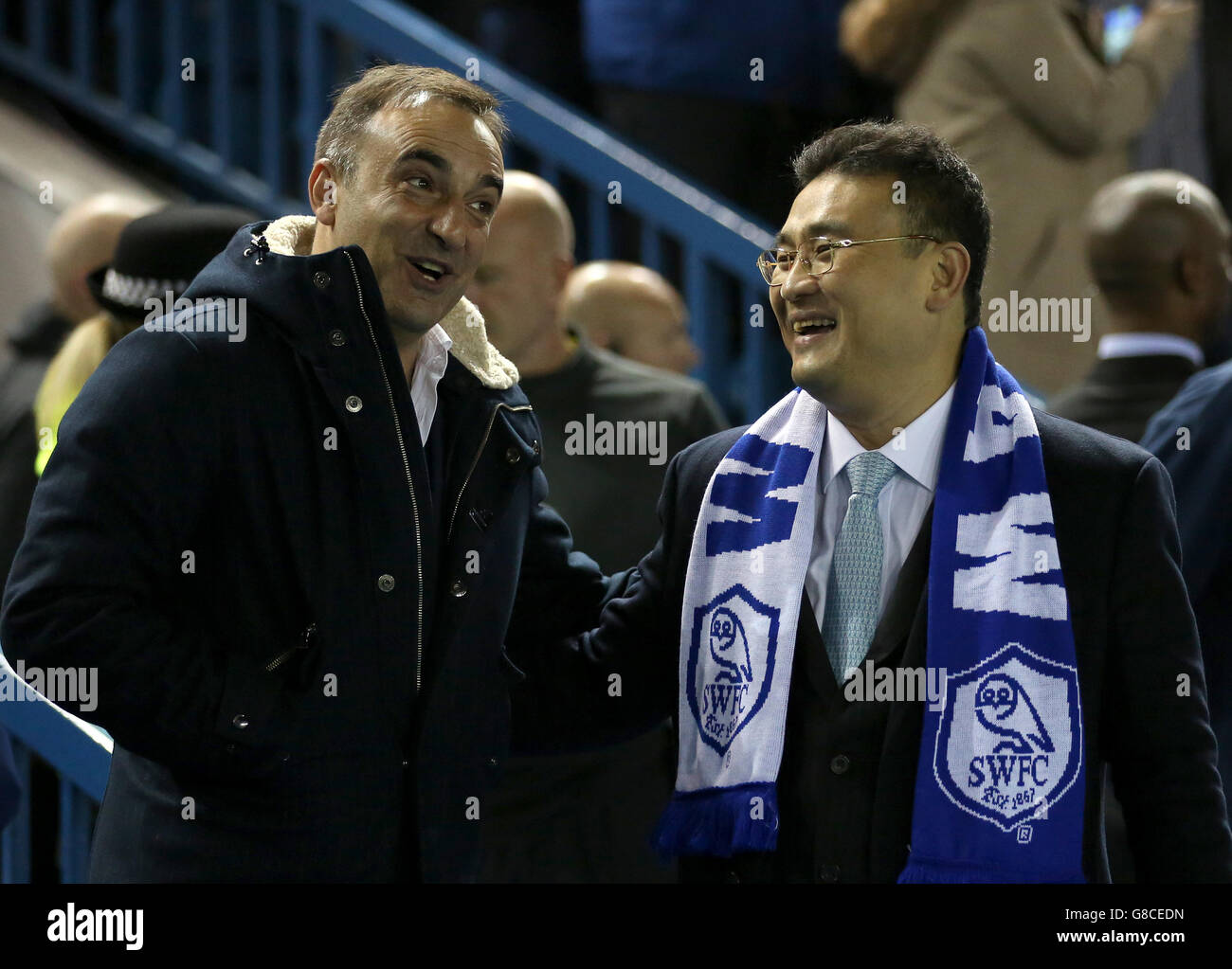 Sheffield Wednesday manager Carlos Carvalhal (left) and club owner Dejphon Chansiri Stock Photo