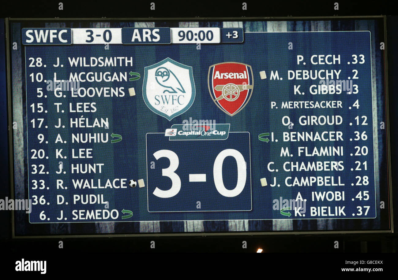 Soccer - Capital One Cup - Fourth Round - Sheffield Wednesday v Arsenal - Hillsborough. The scoreboards reads 3-0 Sheffield Wednesday at full-time Stock Photo