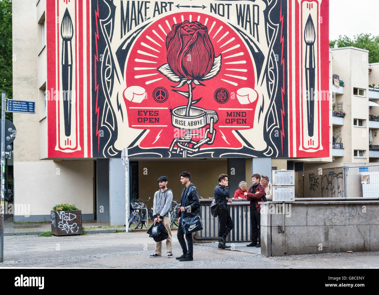 Kreuzberg, Berlin, Germany. A street mural in Mehringplatz by Shepard Fairey (from the One Wall project by Urban Nation) Stock Photo