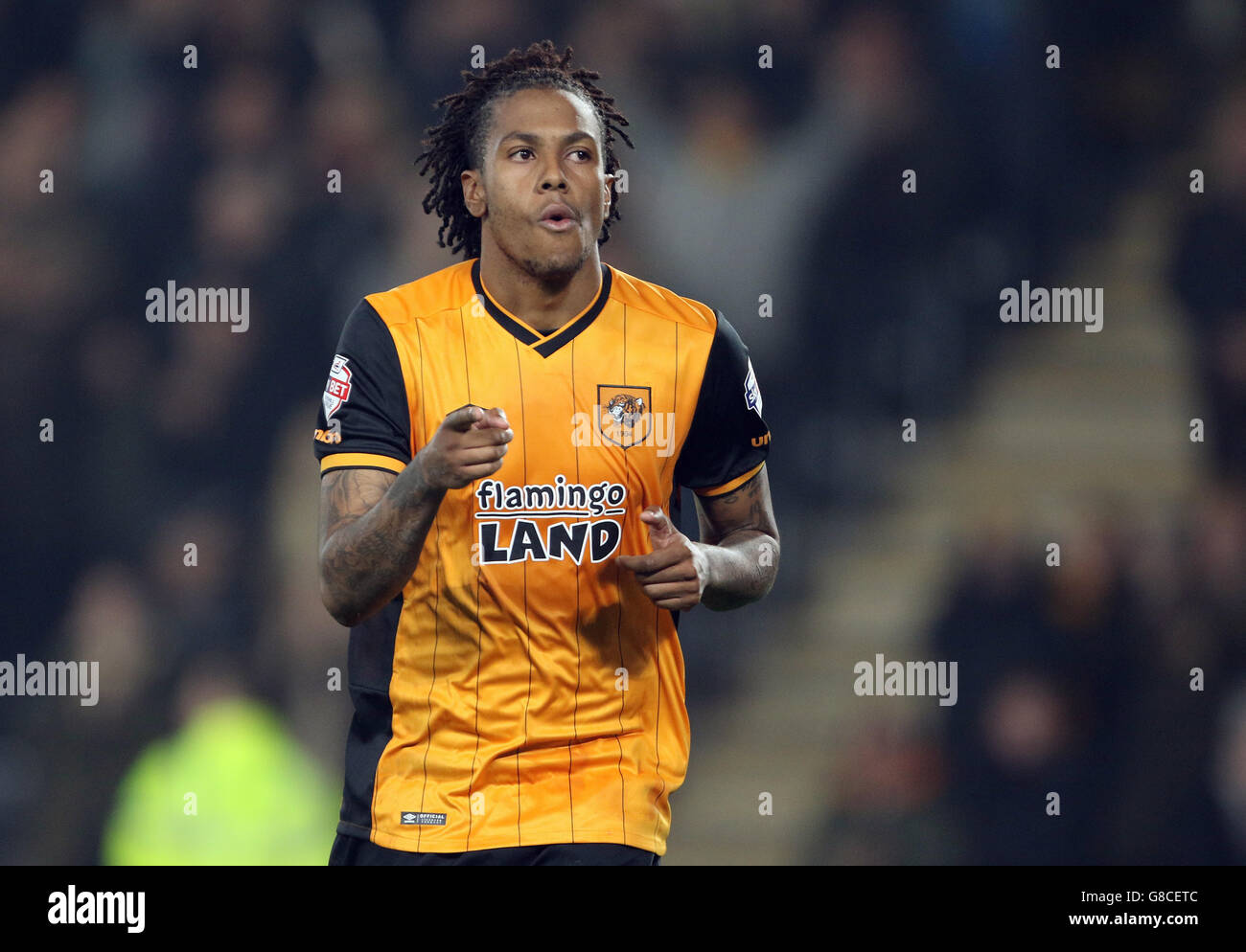 Hull City's Abel Hernandez celebrates scoring his penalty in the penalty shoot-out following the Capital One Cup, Fourth Round match at the KC Stadium, Hull. Stock Photo