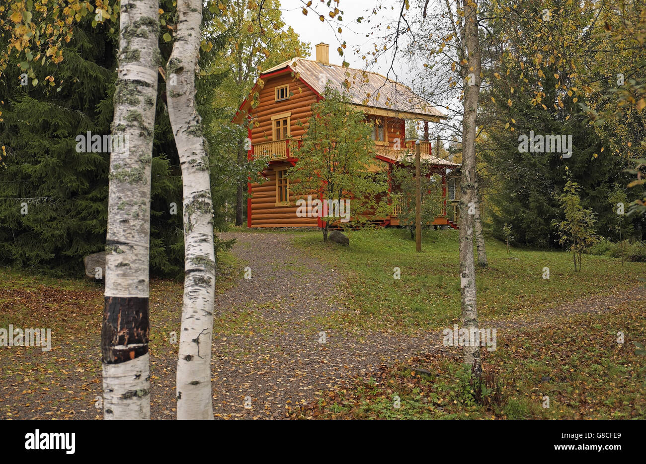 Beautiful wooden house, Mandrogy (on Svir River to the east of St Petersburg), Russia. Stock Photo